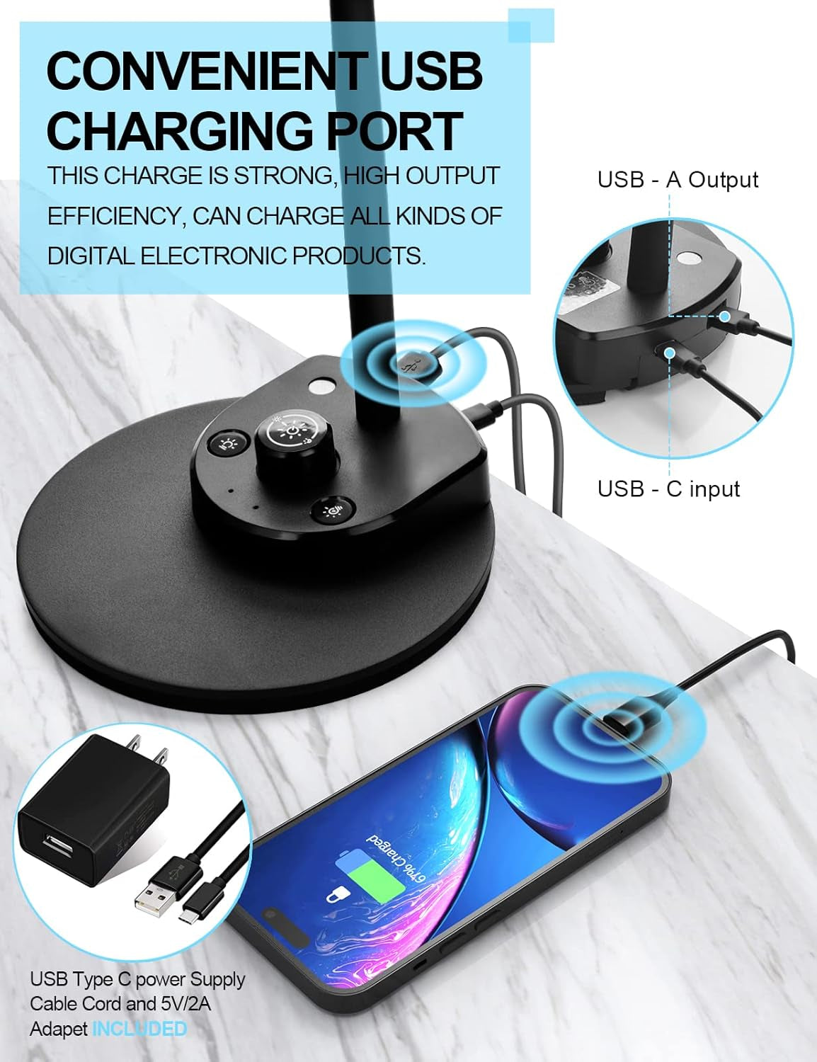 LED Desk Lamp with USB Charging Port 3 Color Modes Dimmable Reading Light Intell