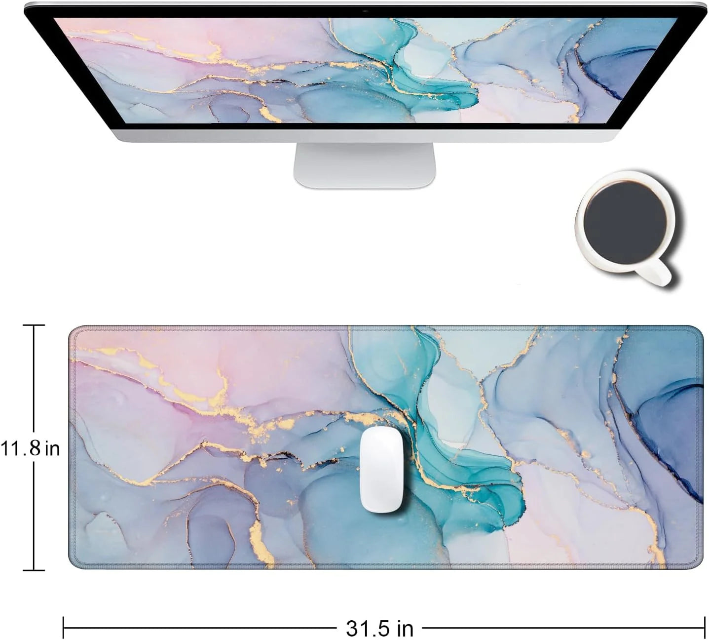 Large Gaming Mouse Pad with Stitched Edges, Blue Marble Desk Mat, Extended XL Keyboard Pad, Non-Slip Rubber Base Desk Pad for Keyboard and Mouse, 31.5X11.8 Inch