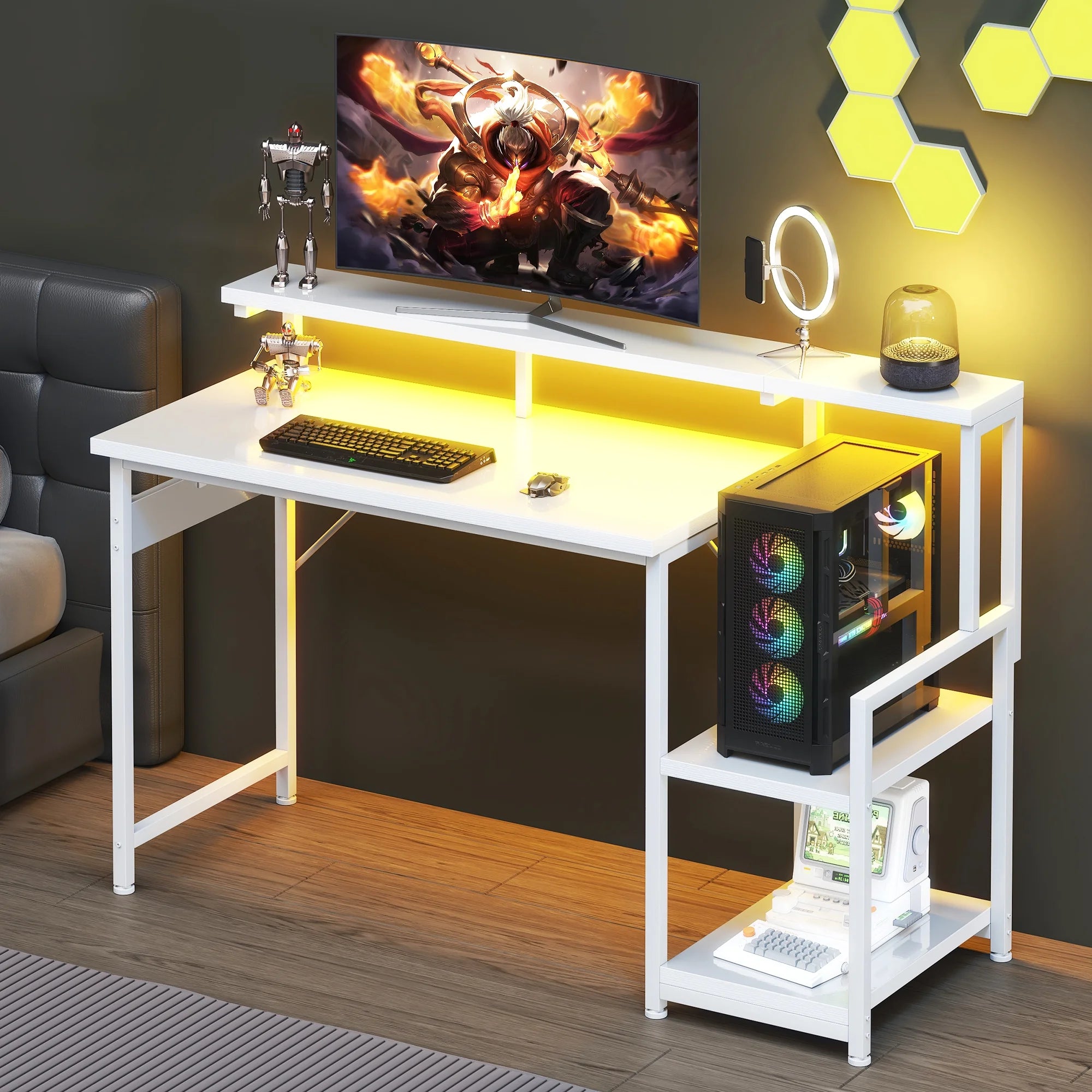 48 Inch Computer Desk with Monitor Stand & LED Lights, Home Office Desk with Adjustable Storage Shelf & CPU Stand, White