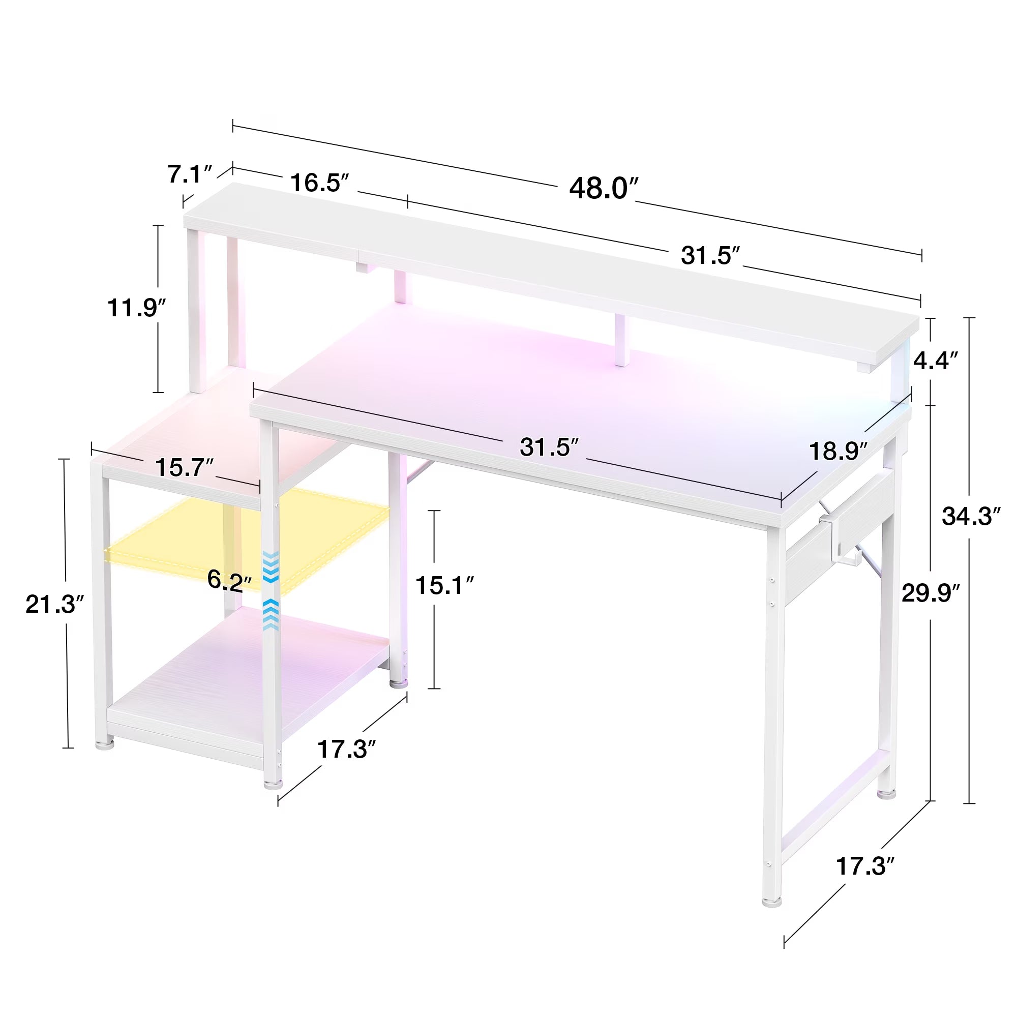 48 Inch Computer Desk with Monitor Stand & LED Lights, Home Office Desk with Adjustable Storage Shelf & CPU Stand, White