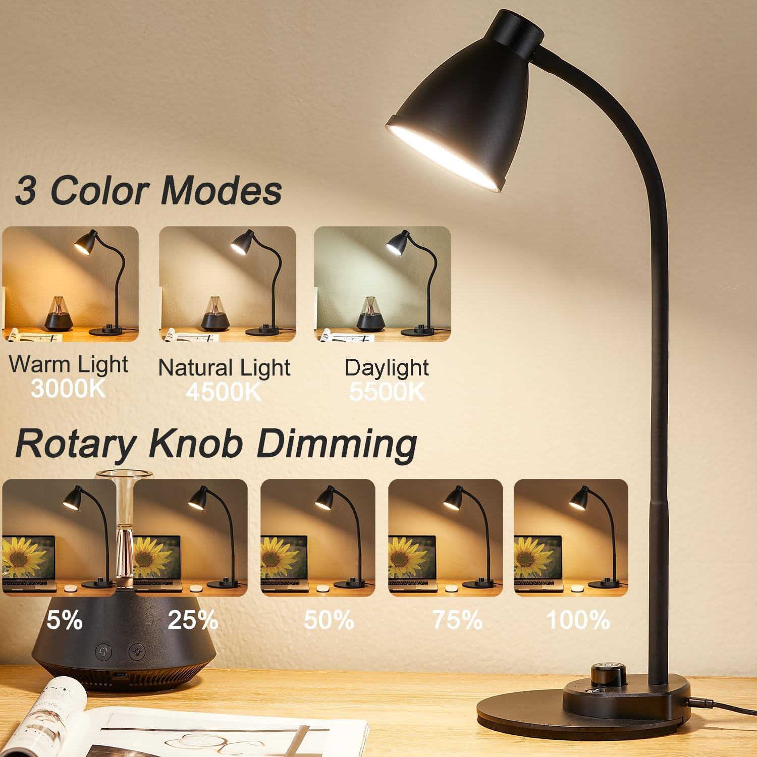 LED Desk Lamp with USB Charging Port 3 Color Modes Dimmable Reading Light Intell