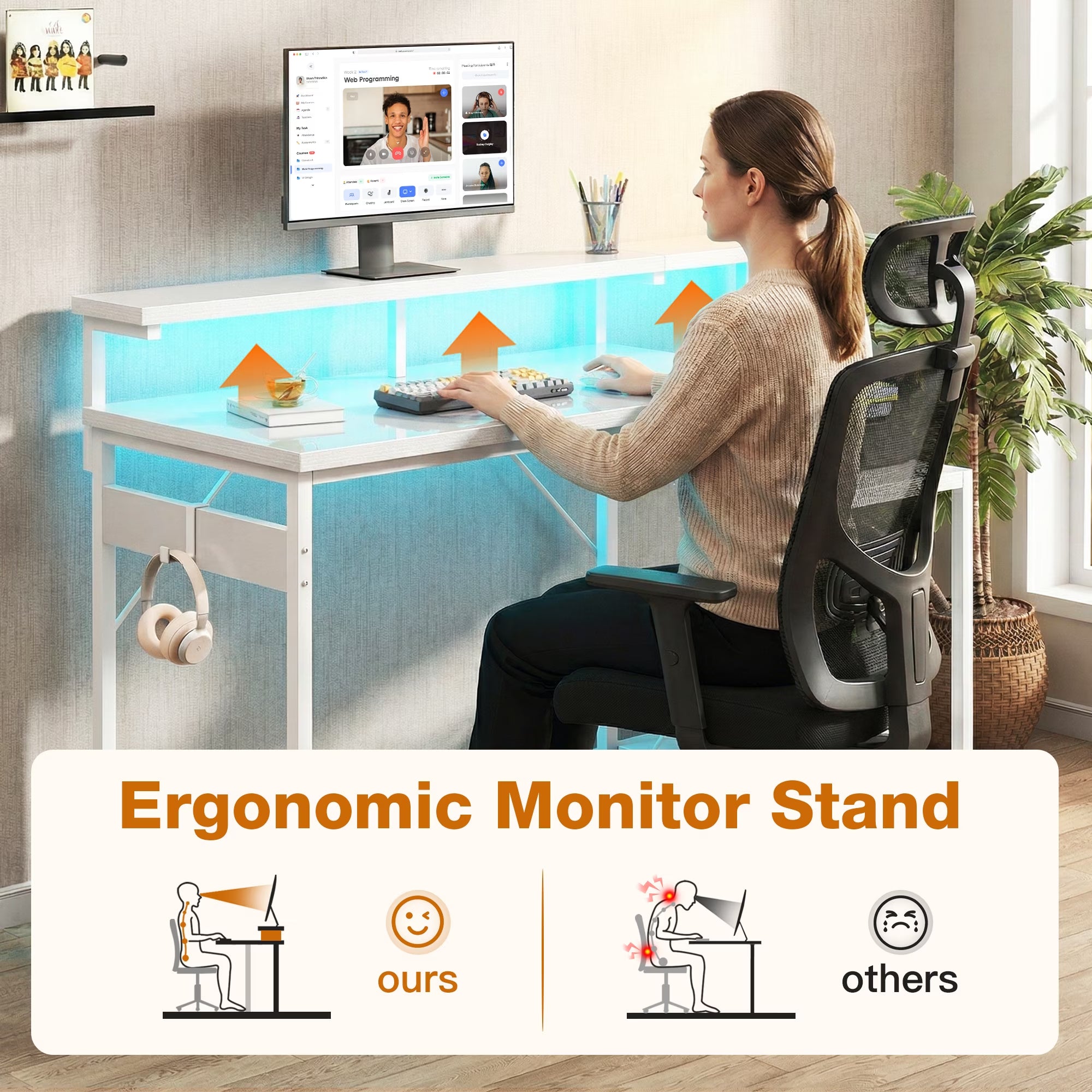 48 Inch Computer Desk with Monitor Stand & LED Lights, Home Office Desk with Adjustable Storage Shelf & CPU Stand, White