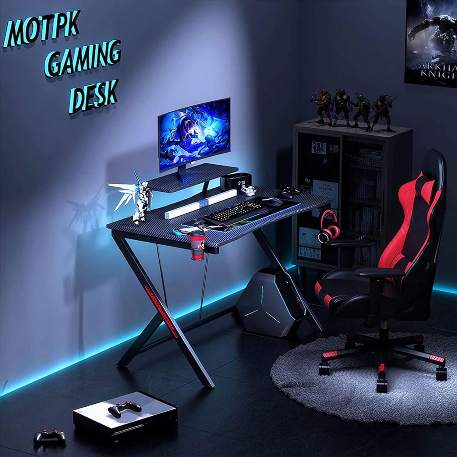 40 Inch Gaming Desk with LED Lights & Power Outlets, Small Computer Gaming Table with Float Monitor Stand, Kids Boys Desk, White